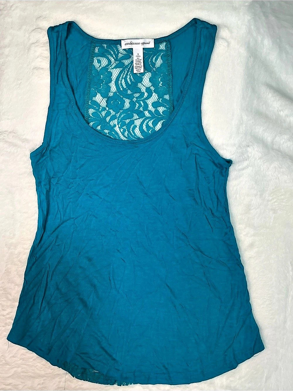 Ambiance Apparel Lace Back Tank Top in Blue Size Medium